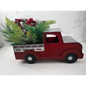 Farmhouse Wooden Christmas Truck Red Holiday Greens Floral Holder Decor
